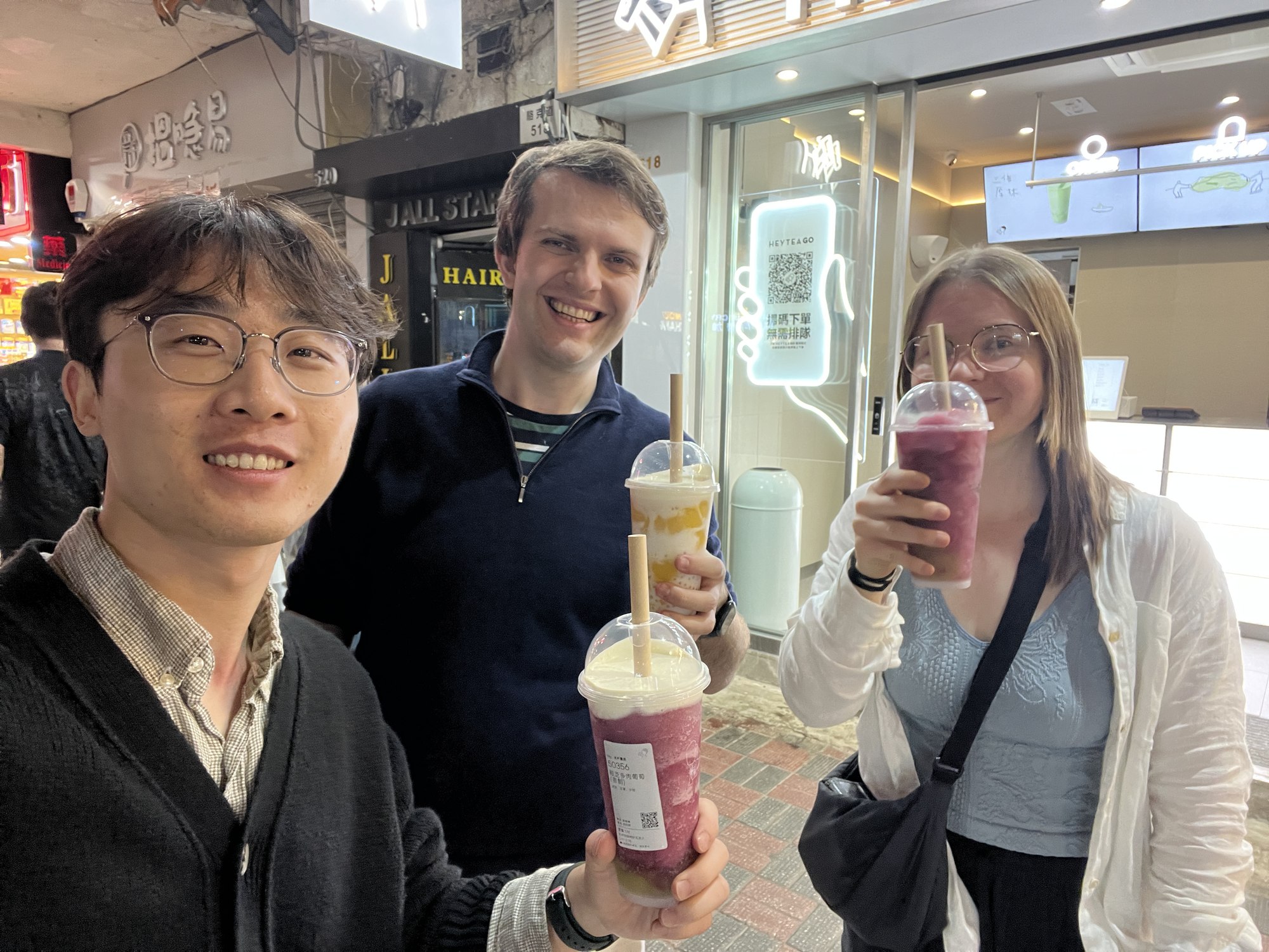 Woody, Alex and Katie on a bubble tea break during the CNAPS meeting trip, Hong Kong