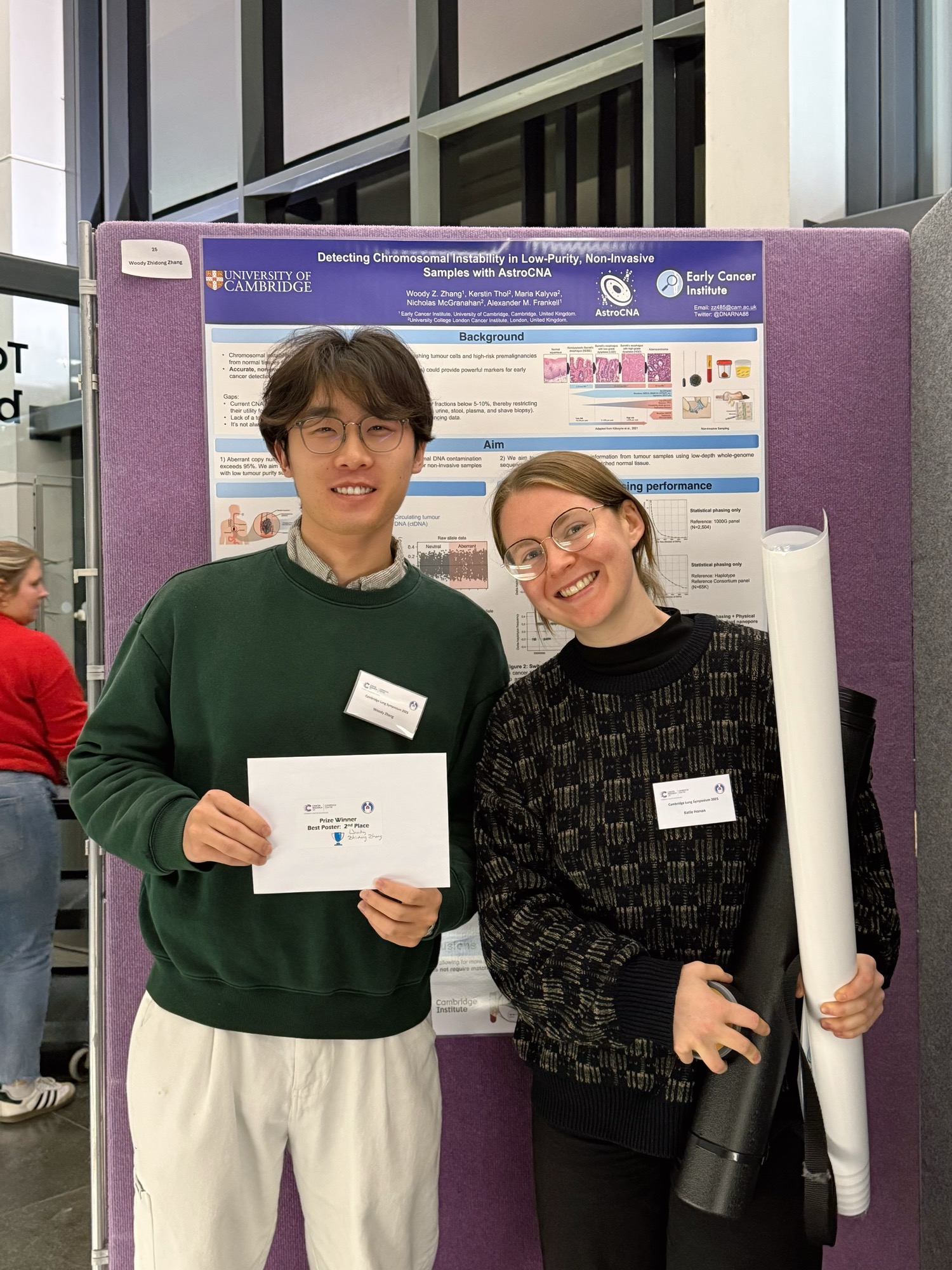 Woody Zhang and Katie Honan celebrate Woody's 2nd place poster prize for AstroCNA, Cambridge Lung Symposium 2025