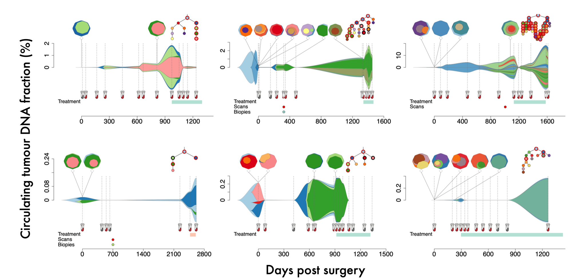 Subclonal dynamics reconstructed from serial circulating tumour DNA and tissue samples, shown with cloneMaps and phylogenetic trees.